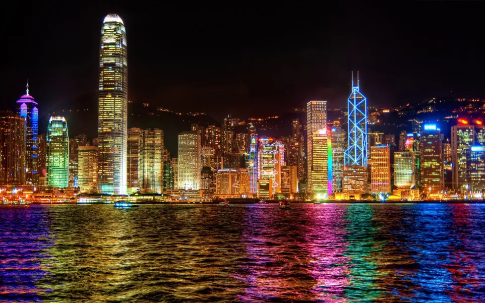 This image captures a stunning night view of Hong Kong’s skyline.